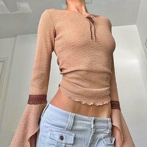 🤎VINTAGE TAN & BROWN KNIT SUEDE TIE LONGSLEEVE TOP🤎